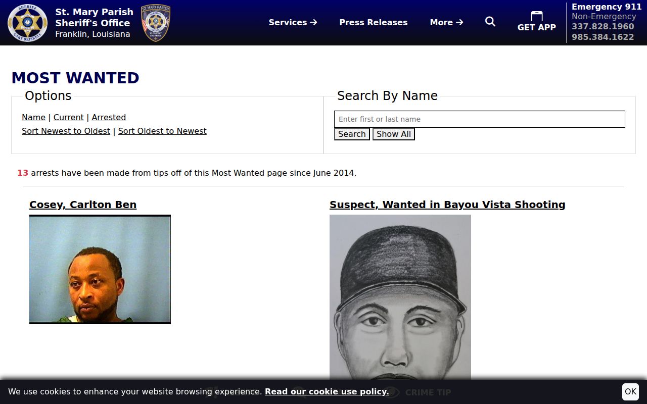 St. Mary Parish Sheriff Most Wanted page