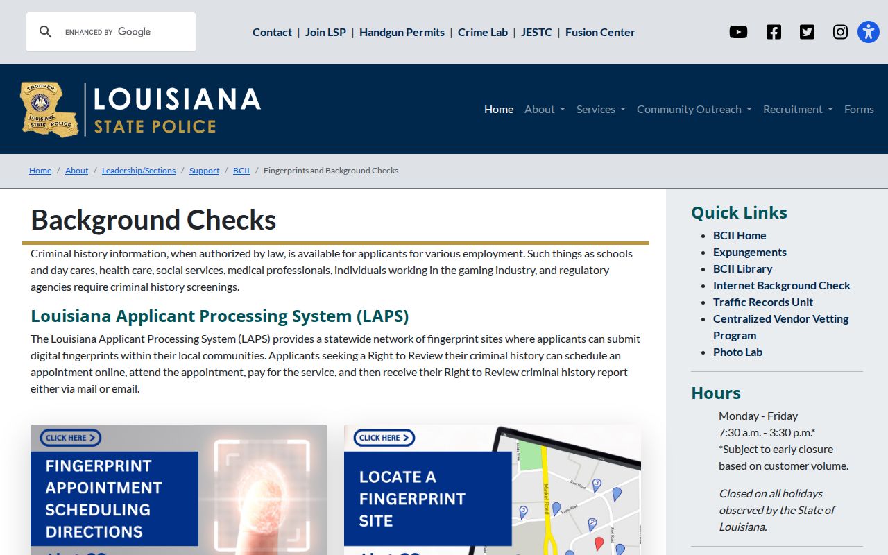 Louisiana State Police fingerprint and background check instructions