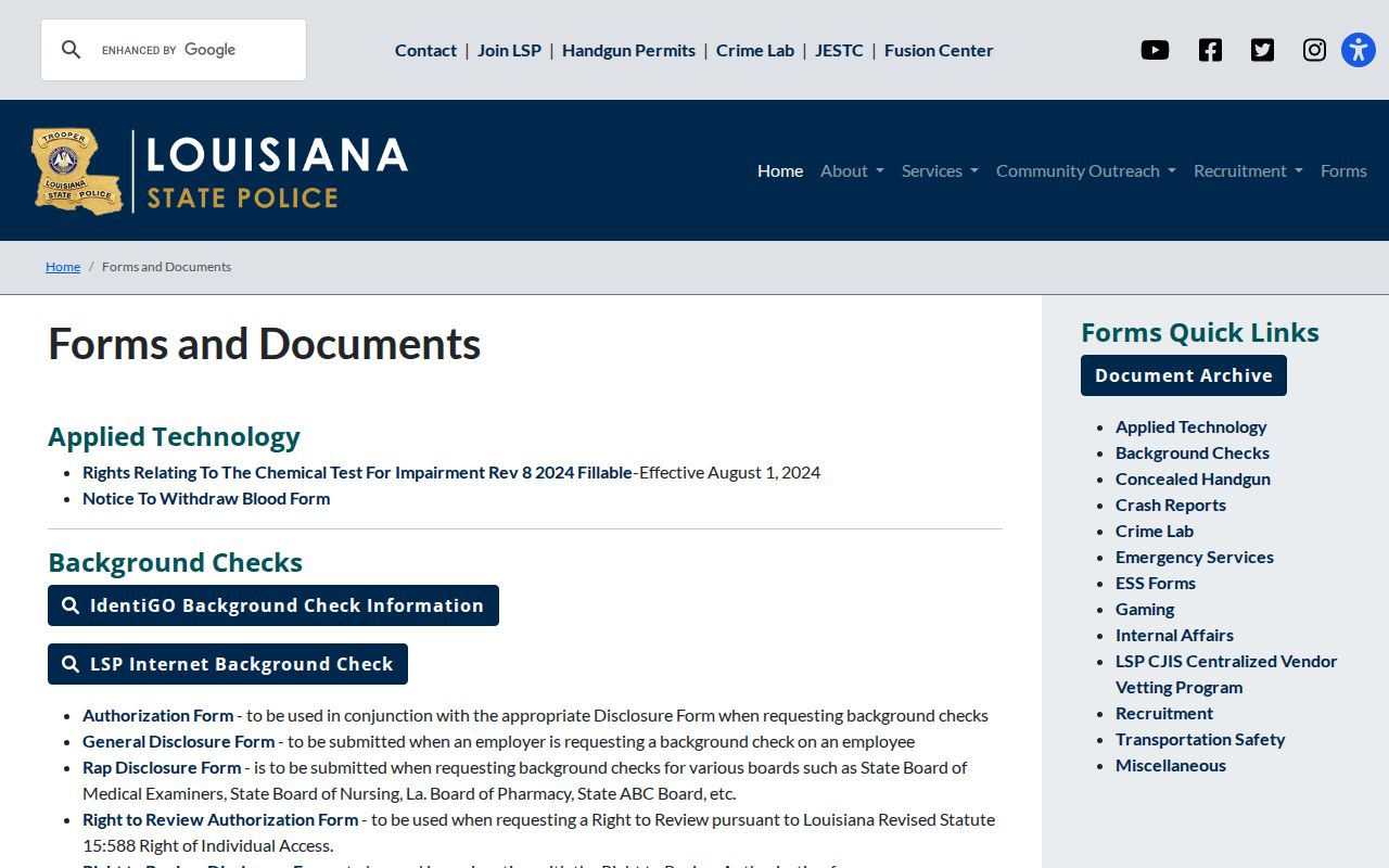 Louisiana State Police Right to Review forms page