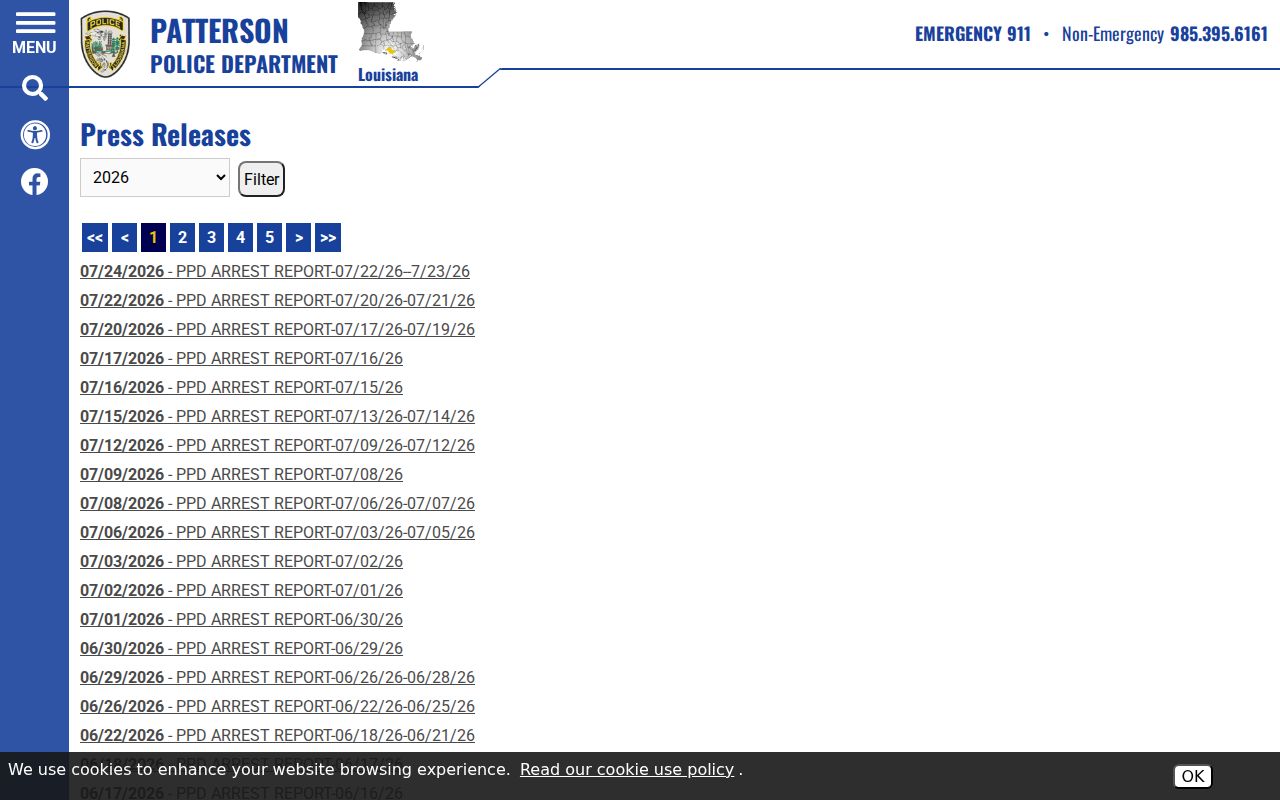 Patterson Police arrest report archive with year filters and pagination