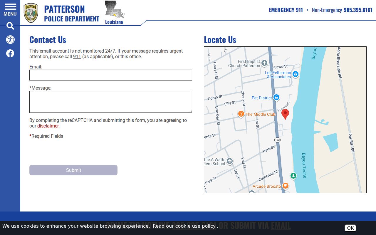 Patterson Police Department general contact form with security warning