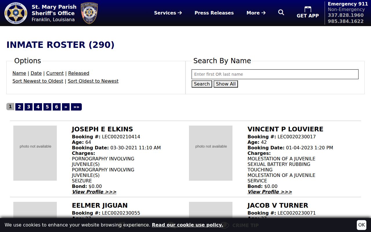 St. Mary Parish Sheriff inmate search page