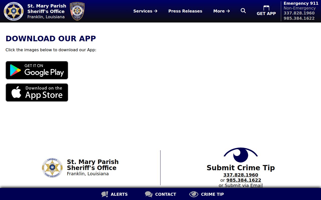 St. Mary Parish LA Sheriff mobile app page
