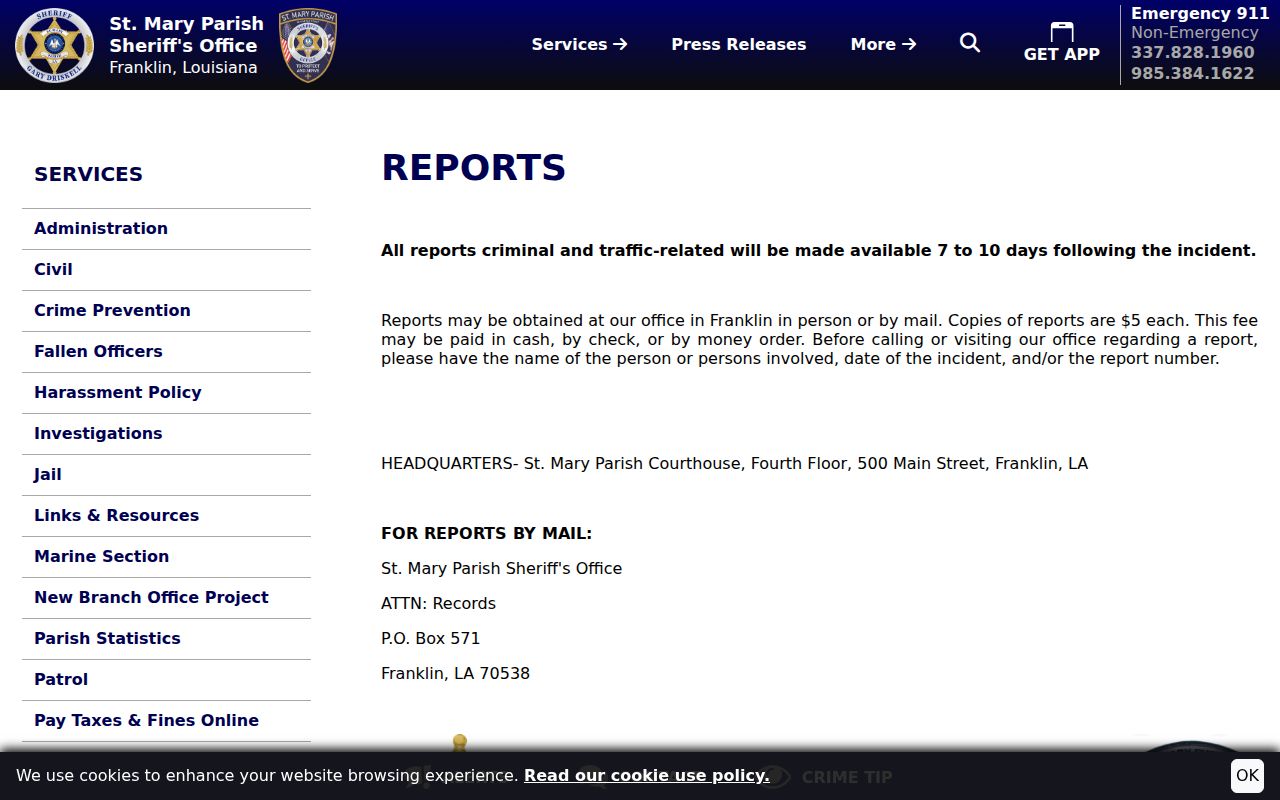 St. Mary Parish Sheriff report copy instructions