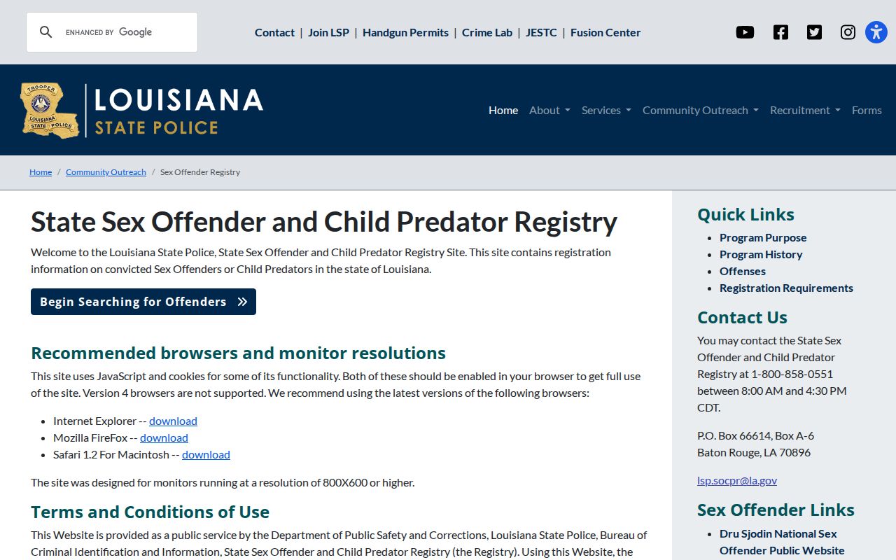 Louisiana registry gateway for a St. Mary Parish sex offender check